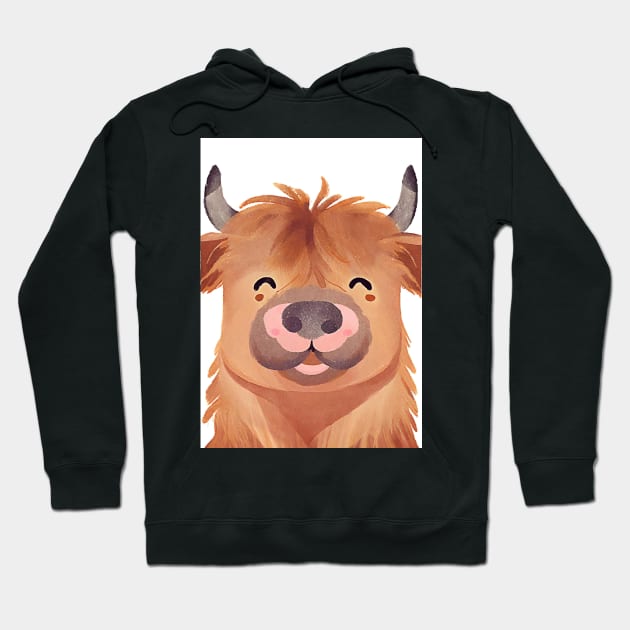 Cute Highland Cow Smiling Watercolor Painting Hoodie by Art-Jiyuu